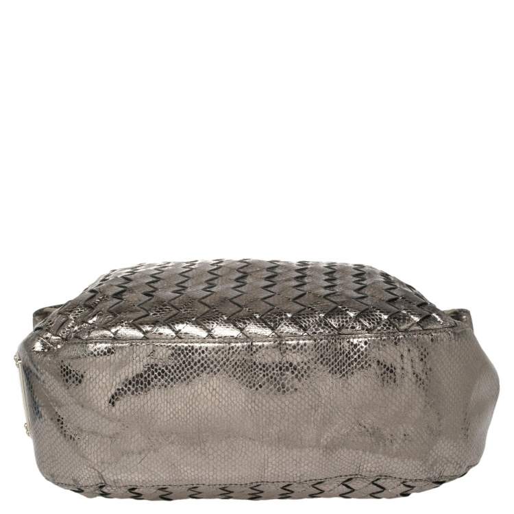 Pre Owned MICHAEL Michael Kors Metallic Silver Woven Leather Newbury Hobo