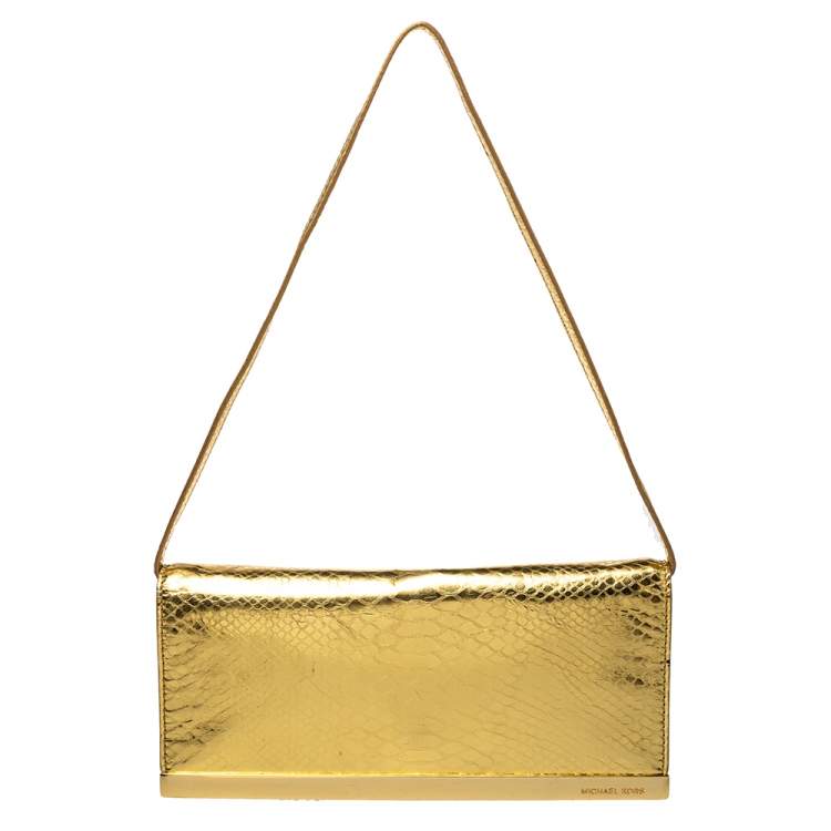 Pre Owned Michael Michael Kors Metallic Gold Python Effect Leather Lana Clutch Bag