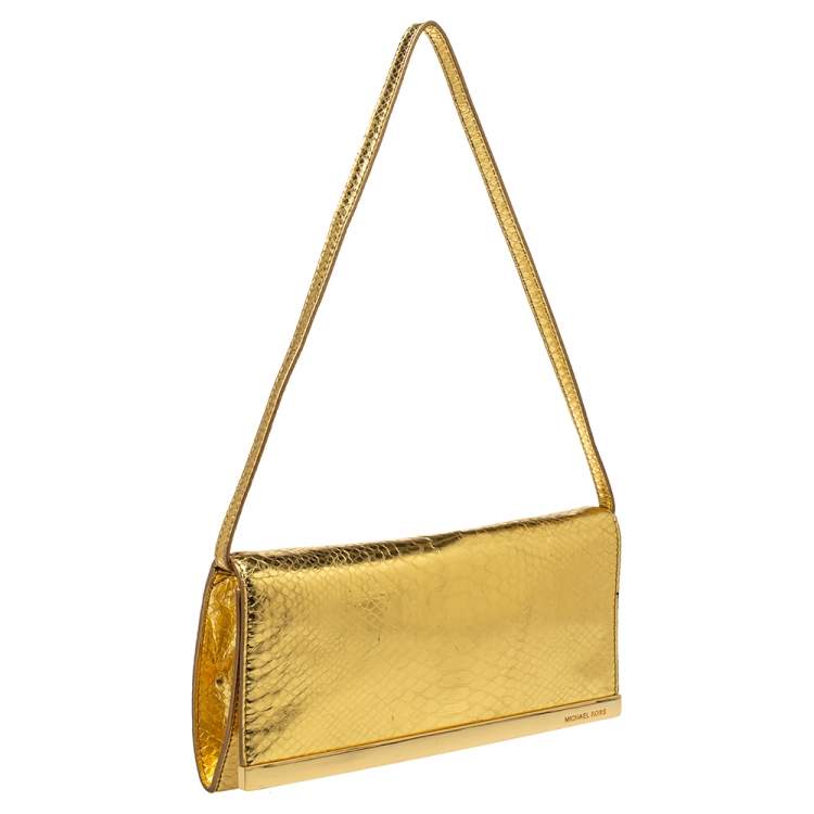Pre Owned Michael Michael Kors Metallic Gold Python Effect Leather Lana Clutch Bag