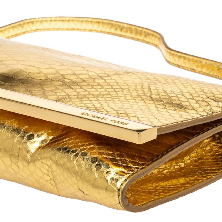 Pre Owned Michael Michael Kors Metallic Gold Python Effect Leather Lana Clutch Bag