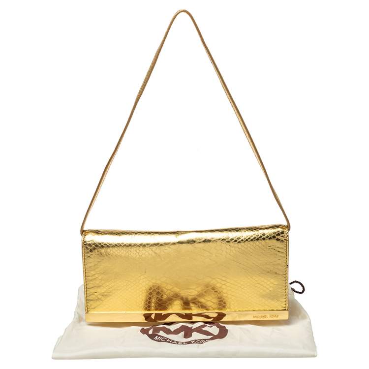 Pre Owned Michael Michael Kors Metallic Gold Python Effect Leather Lana Clutch Bag