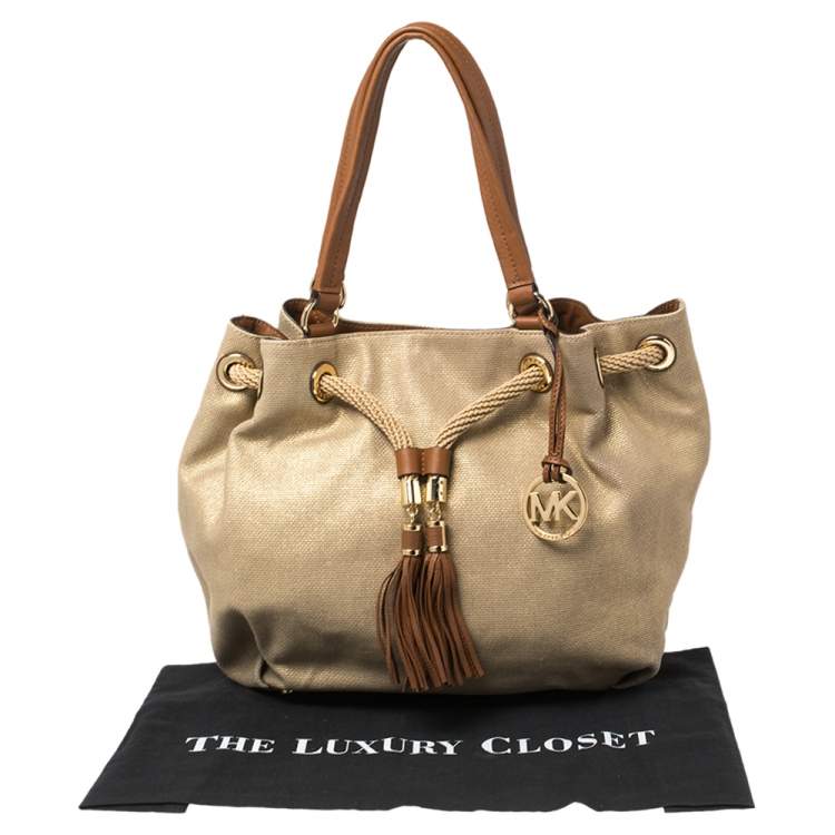 Pre Owned MICHAEL Michael Kors Gold/Brown Shimmer Canvas and Leather Marina Gathered Tote