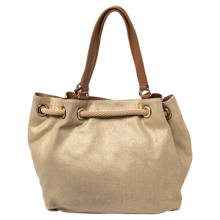 Pre Owned MICHAEL Michael Kors Gold/Brown Shimmer Canvas and Leather Marina Gathered Tote