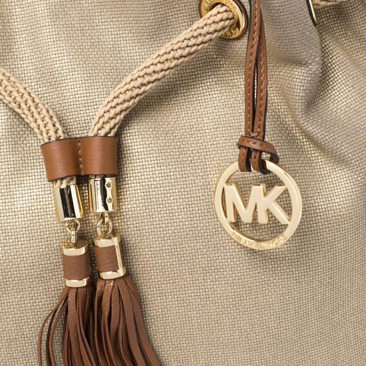Pre Owned MICHAEL Michael Kors Gold/Brown Shimmer Canvas and Leather Marina Gathered Tote