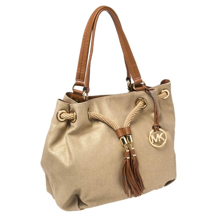 Pre Owned MICHAEL Michael Kors Gold/Brown Shimmer Canvas and Leather Marina Gathered Tote