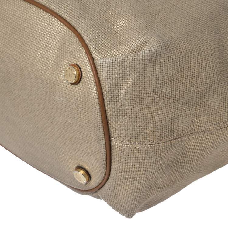 Pre Owned MICHAEL Michael Kors Gold/Brown Shimmer Canvas and Leather Marina Gathered Tote