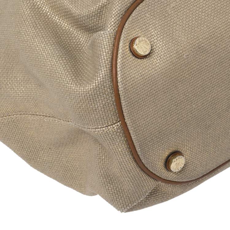 Pre Owned MICHAEL Michael Kors Gold/Brown Shimmer Canvas and Leather Marina Gathered Tote