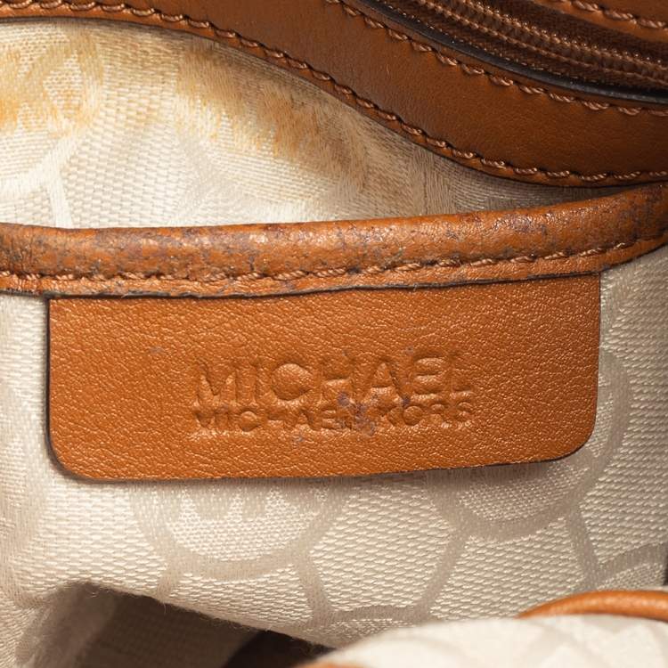 Pre Owned MICHAEL Michael Kors Metallic Gold/Brown Leather and Canvas Marina Drawstring Tote