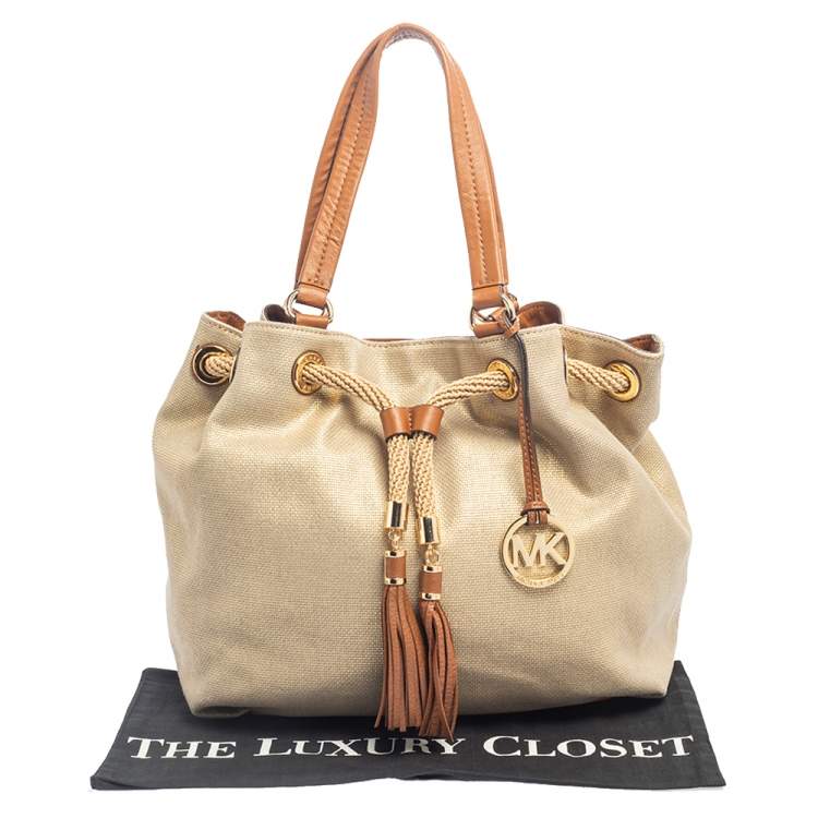 Pre Owned MICHAEL Michael Kors Metallic Gold/Brown Leather and Canvas Marina Drawstring Tote