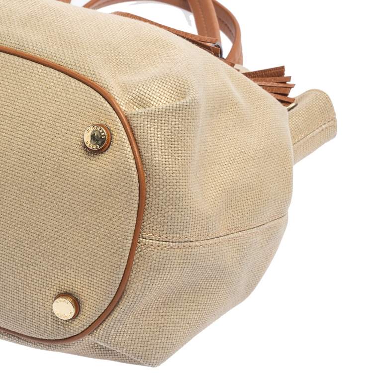 Pre Owned MICHAEL Michael Kors Metallic Gold/Brown Leather and Canvas Marina Drawstring Tote