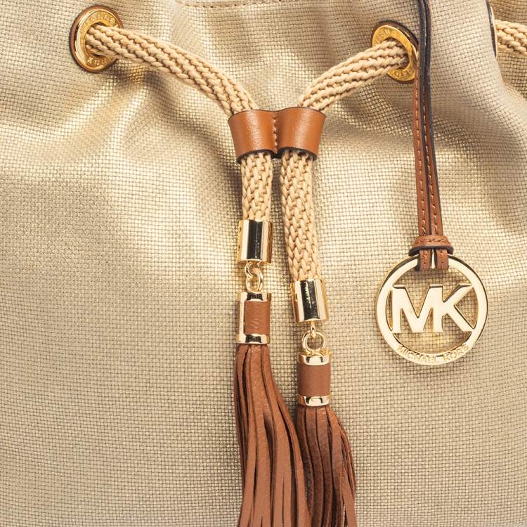 Pre Owned MICHAEL Michael Kors Metallic Gold/Brown Leather and Canvas Marina Drawstring Tote