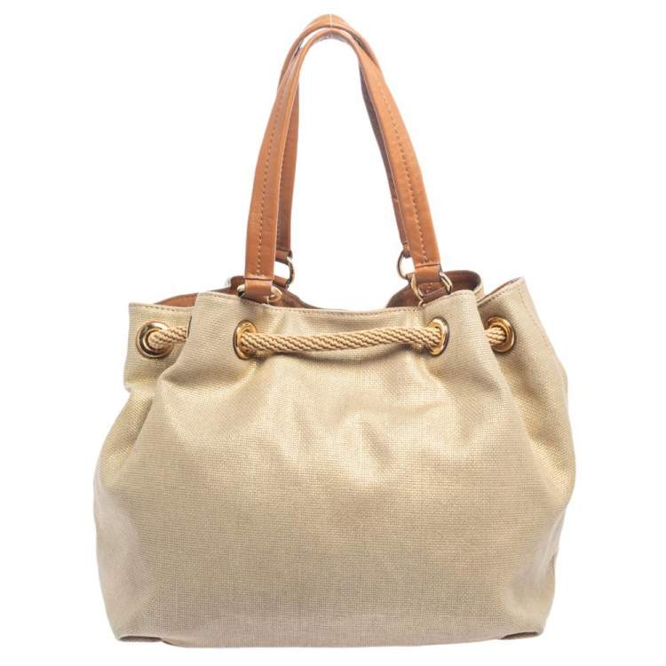 Pre Owned MICHAEL Michael Kors Metallic Gold/Brown Leather and Canvas Marina Drawstring Tote