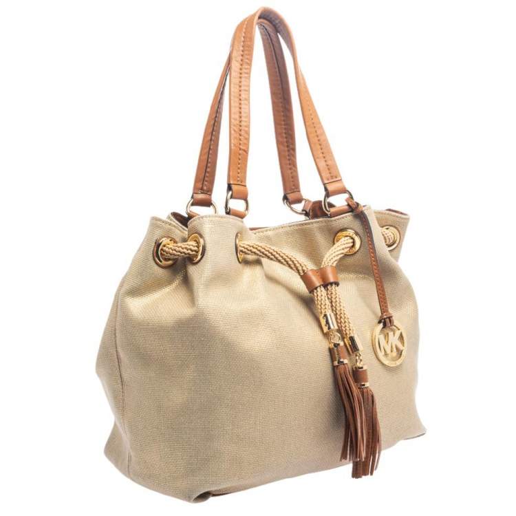 Pre Owned MICHAEL Michael Kors Metallic Gold/Brown Leather and Canvas Marina Drawstring Tote