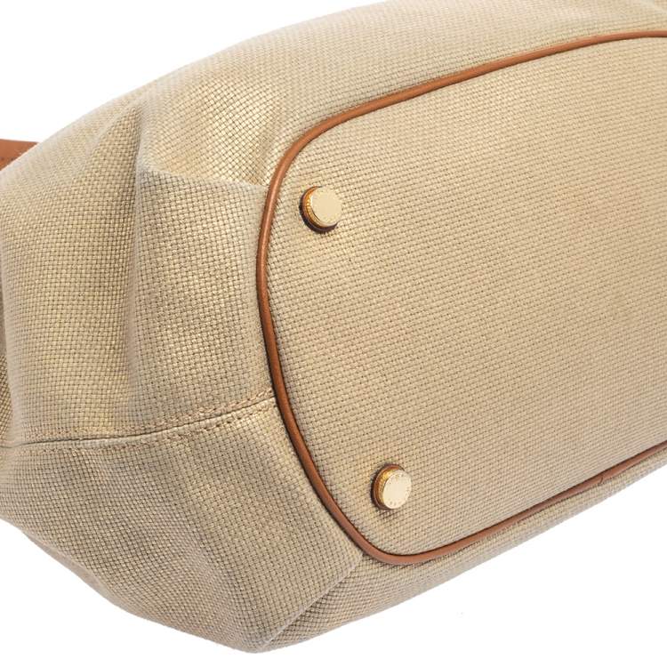 Pre Owned MICHAEL Michael Kors Metallic Gold/Brown Leather and Canvas Marina Drawstring Tote