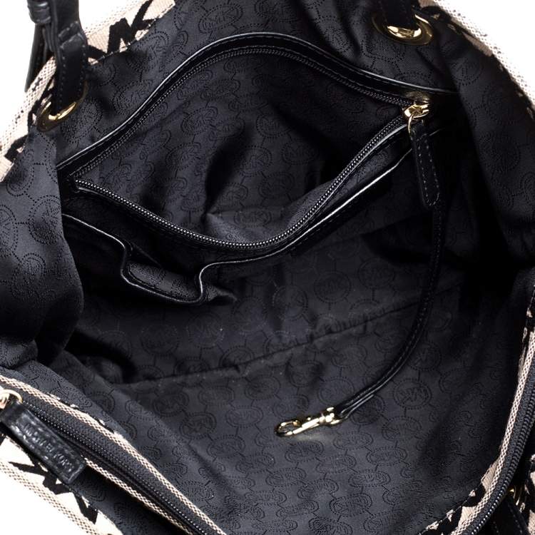 Pre Owned MICHAEL Michael Kors Beige/Black Signature Canvas and Leather Jet Set Tote 
