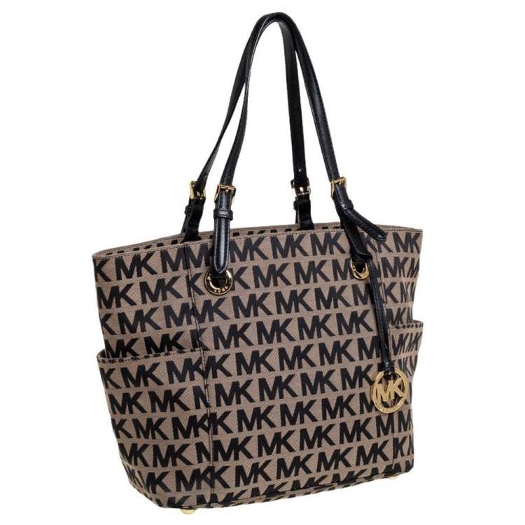 Pre Owned MICHAEL Michael Kors Beige/Black Signature Canvas and Leather Jet Set Tote 
