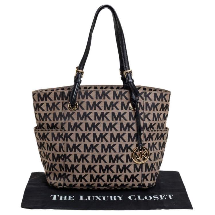 Pre Owned MICHAEL Michael Kors Beige/Black Signature Canvas and Leather Jet Set Tote 