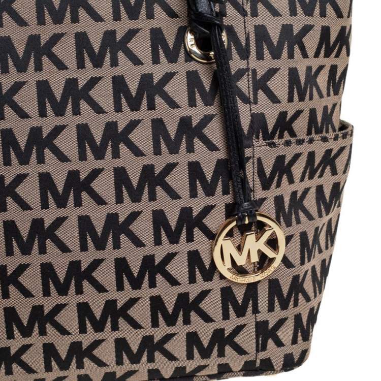 Pre Owned MICHAEL Michael Kors Beige/Black Signature Canvas and Leather Jet Set Tote 