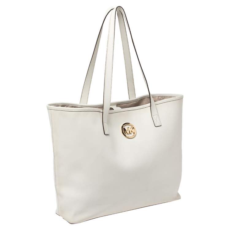 Pre Owned MICHAEL Michael Kors White Leather Jet Set Travel Tote