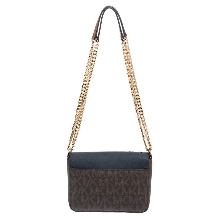 Pre Owned MICHAEL Michael Kors Blue/Brown Signature Coated Canvas and Leather Tina Crossbody Bag