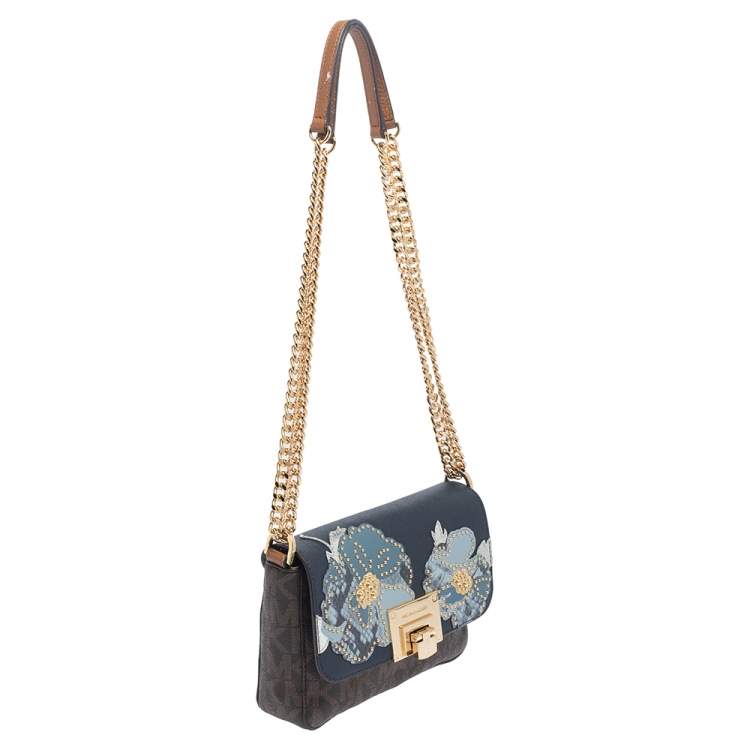 Pre Owned MICHAEL Michael Kors Blue/Brown Signature Coated Canvas and Leather Tina Crossbody Bag