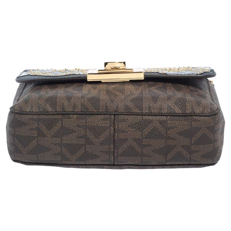 Pre Owned MICHAEL Michael Kors Blue/Brown Signature Coated Canvas and Leather Tina Crossbody Bag