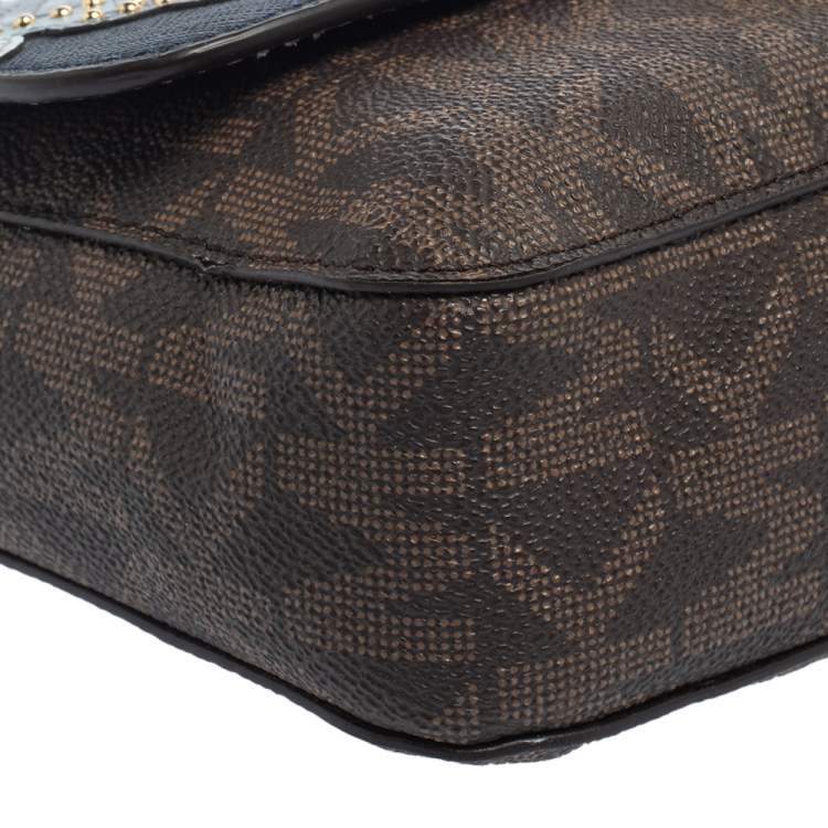 Pre Owned MICHAEL Michael Kors Blue/Brown Signature Coated Canvas and Leather Tina Crossbody Bag