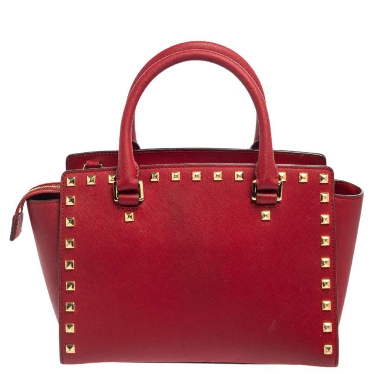 Pre Owned Michael Michael Kors Red Leather Medium Studded Selma Satchel