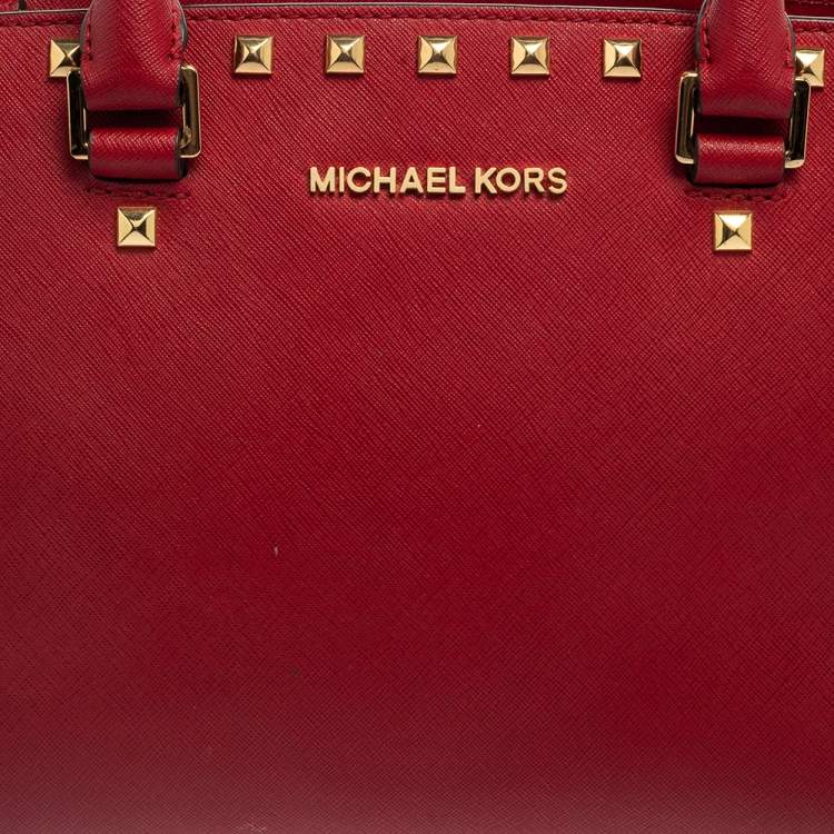 Pre Owned Michael Michael Kors Red Leather Medium Studded Selma Satchel