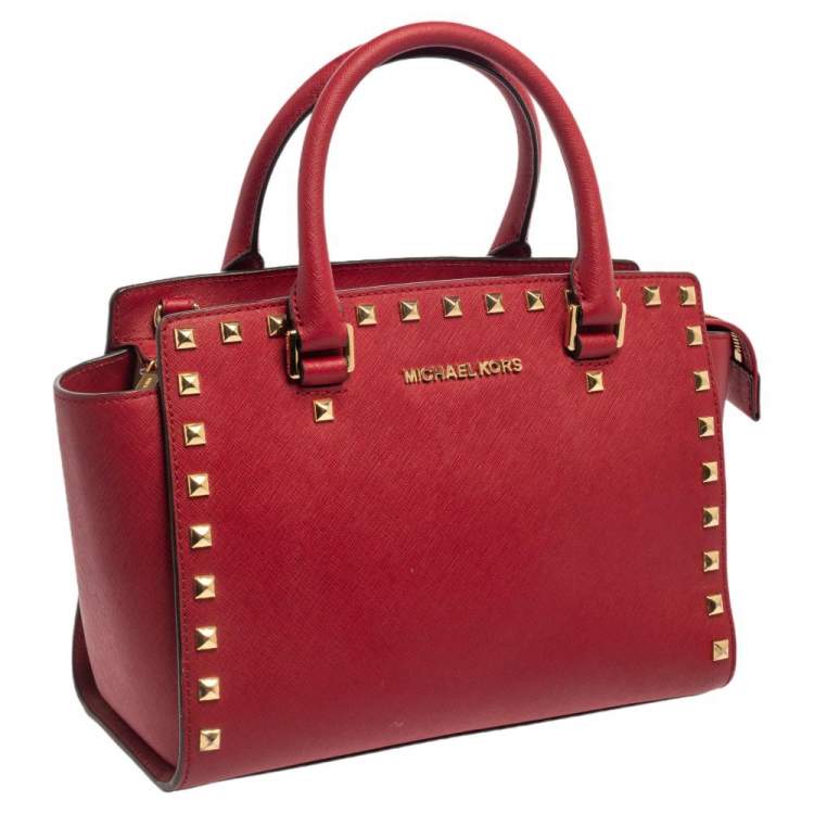 Pre Owned Michael Michael Kors Red Leather Medium Studded Selma Satchel