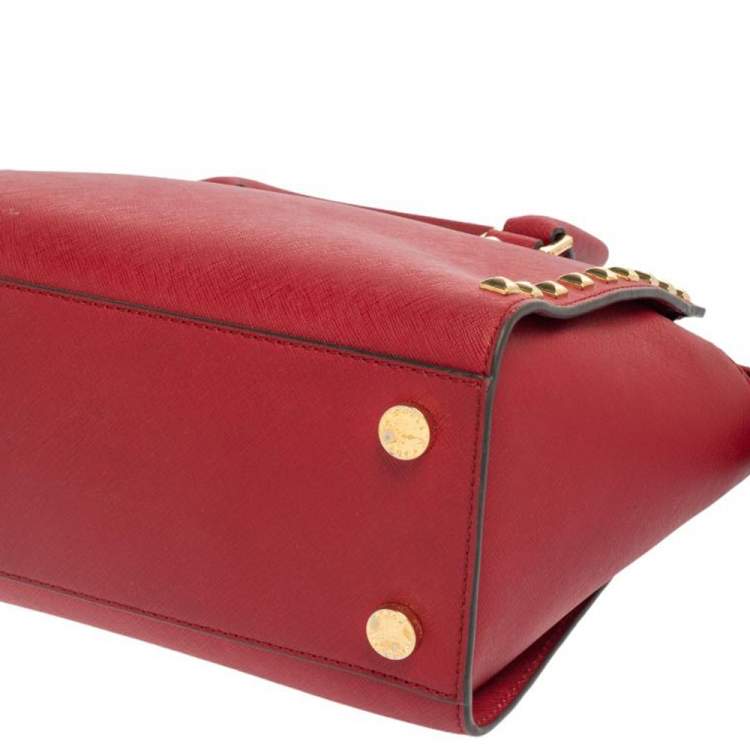 Pre Owned Michael Michael Kors Red Leather Medium Studded Selma Satchel