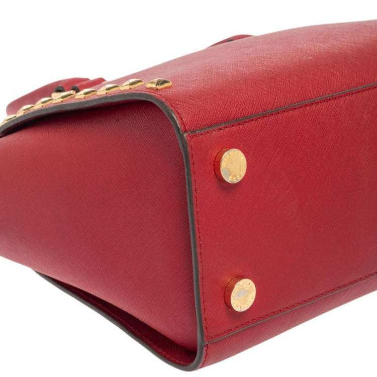Pre Owned Michael Michael Kors Red Leather Medium Studded Selma Satchel