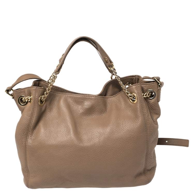 Pre Owned Michael Michael Kors Dark Beige Leather Jet Set Chain Hobo