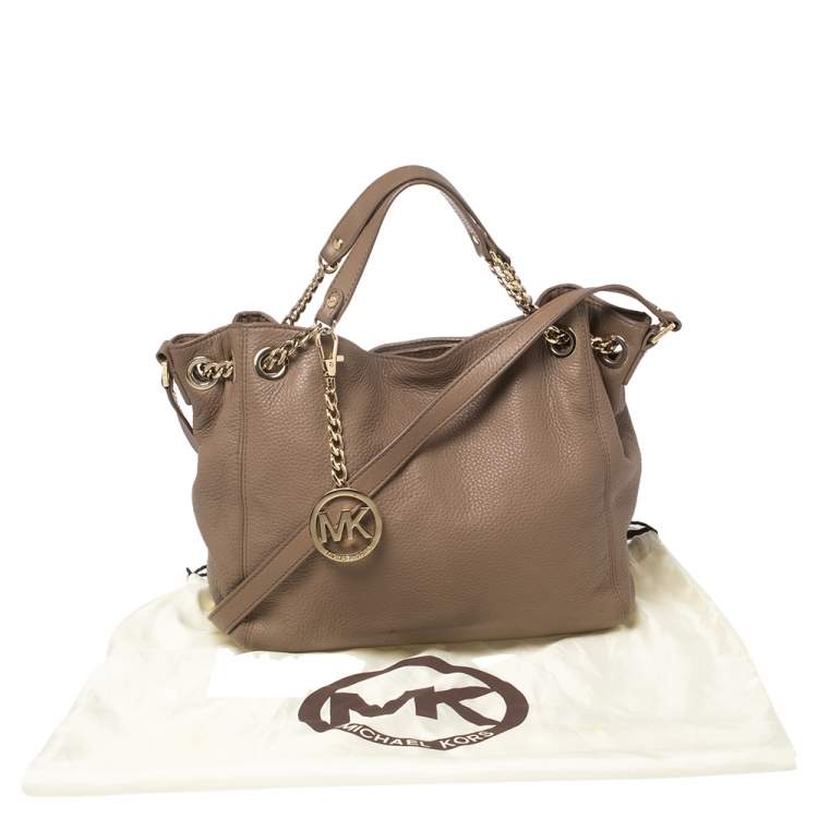 Pre Owned Michael Michael Kors Dark Beige Leather Jet Set Chain Hobo