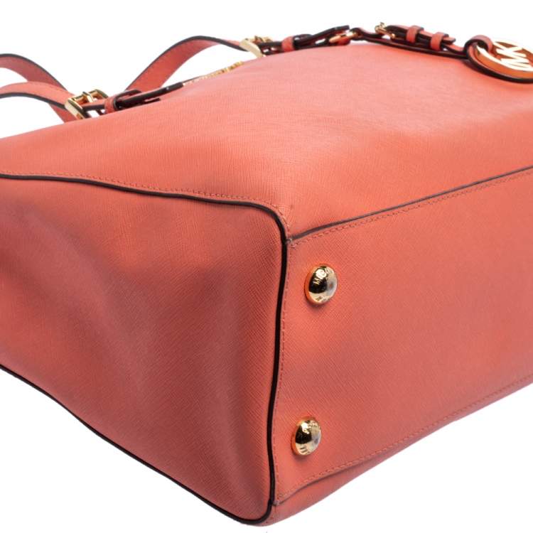 Pre Owned MICHAEL Michael Kors Coral Saffiano Leather Medium Jet Set East West Tote 