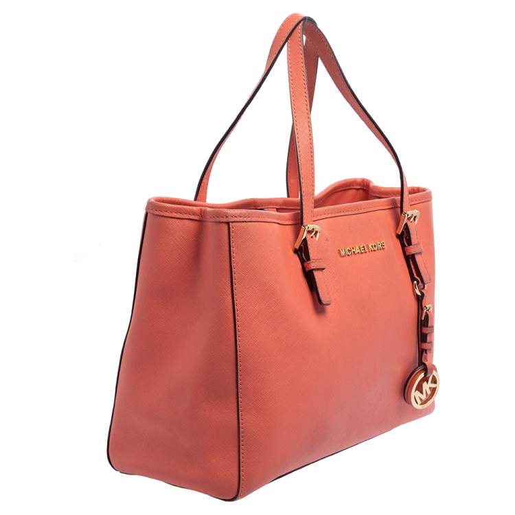 Pre Owned MICHAEL Michael Kors Coral Saffiano Leather Medium Jet Set East West Tote 