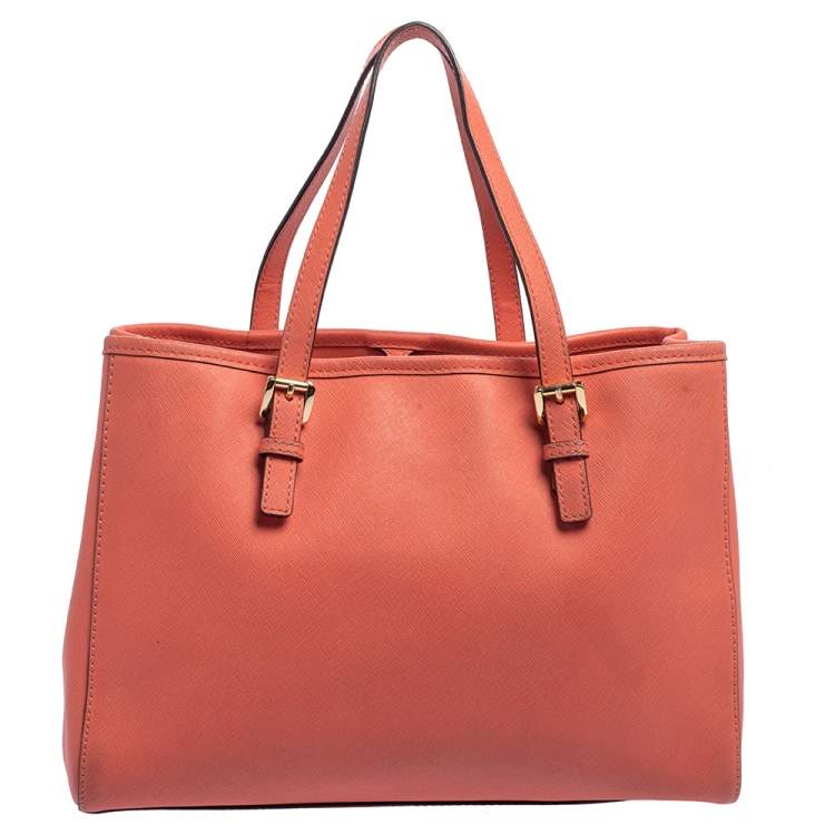 Pre Owned MICHAEL Michael Kors Coral Saffiano Leather Medium Jet Set East West Tote 