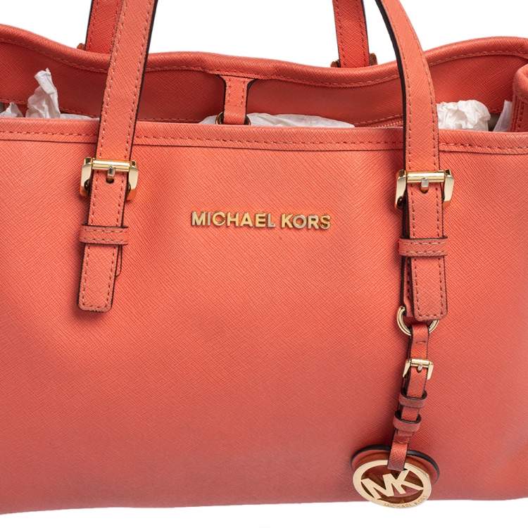 Pre Owned MICHAEL Michael Kors Coral Saffiano Leather Medium Jet Set East West Tote 
