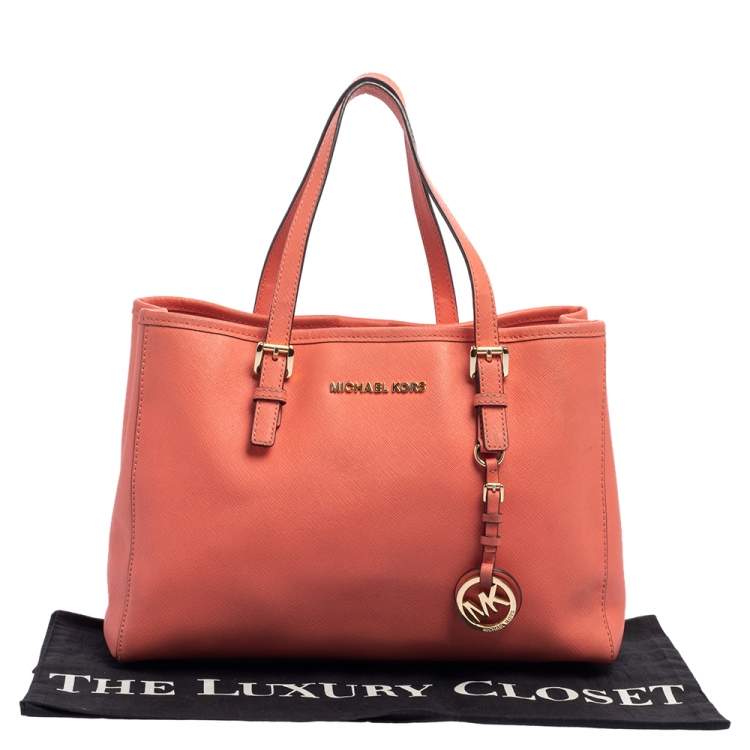 Pre Owned MICHAEL Michael Kors Coral Saffiano Leather Medium Jet Set East West Tote 