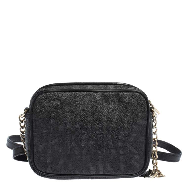 Pre Owned MICHAEL Michael Kors Black/Grey Signature Coated Canvas and Leather Mini Jet Set Crossbody Bag