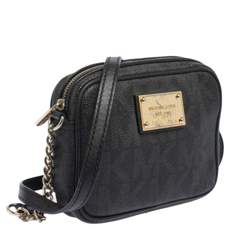Pre Owned MICHAEL Michael Kors Black/Grey Signature Coated Canvas and Leather Mini Jet Set Crossbody Bag