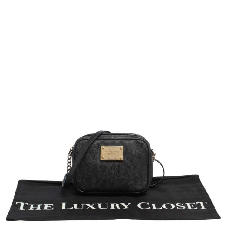 Pre Owned MICHAEL Michael Kors Black/Grey Signature Coated Canvas and Leather Mini Jet Set Crossbody Bag