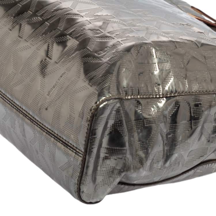 Pre Owned MICHAEL Michael Kors Metallic Silver Mirror Signature PVC and Leather North South Jet Set Tote