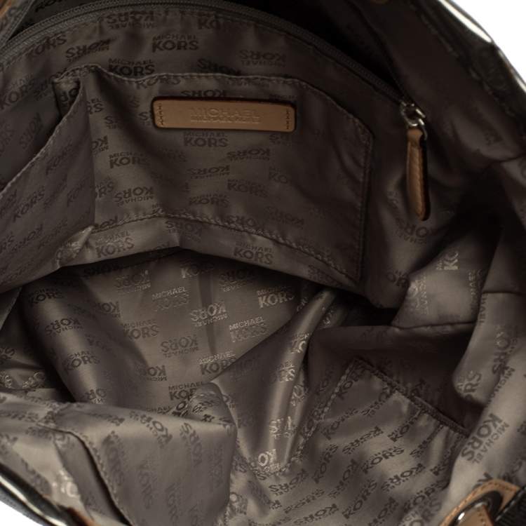 Pre Owned MICHAEL Michael Kors Metallic Silver Mirror Signature PVC and Leather North South Jet Set Tote