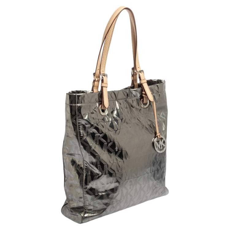 Pre Owned MICHAEL Michael Kors Metallic Silver Mirror Signature PVC and Leather North South Jet Set Tote
