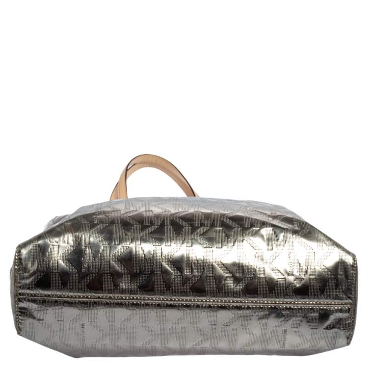 Pre Owned MICHAEL Michael Kors Metallic Silver Mirror Signature PVC and Leather North South Jet Set Tote