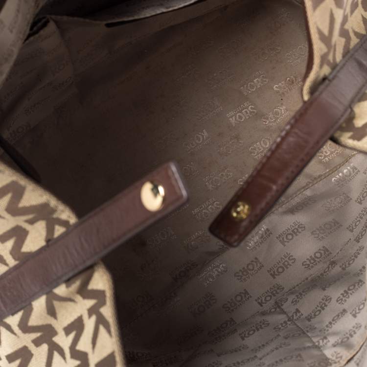 Pre Owned MICHAEL Michael Kors Beige/Brown Signature Canvas and Leather Jet Set Tote
