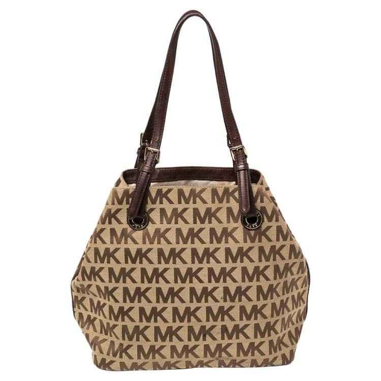 Pre Owned MICHAEL Michael Kors Beige/Brown Signature Canvas and Leather Jet Set Tote