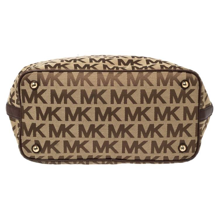 Pre Owned MICHAEL Michael Kors Beige/Brown Signature Canvas and Leather Jet Set Tote