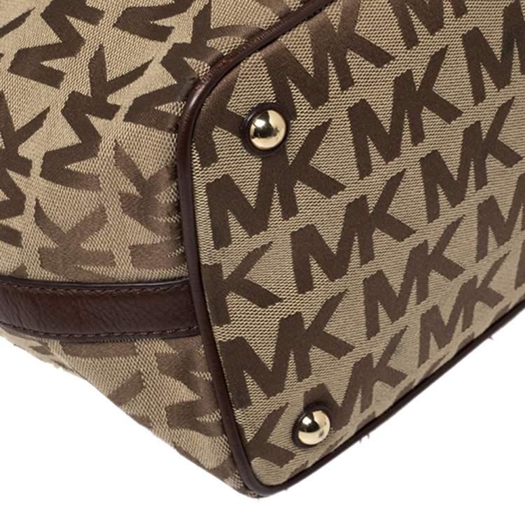 Pre Owned MICHAEL Michael Kors Beige/Brown Signature Canvas and Leather Jet Set Tote
